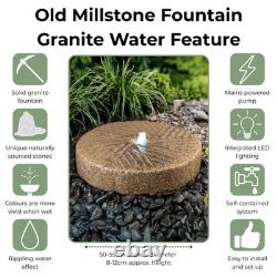 Fontaine de jardin en granit rustique Old Millstone avec réservoir et LED