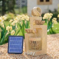 Fontaine de jardin extérieure solaire à 4 niveaux avec éclairage LED et statue en poterie