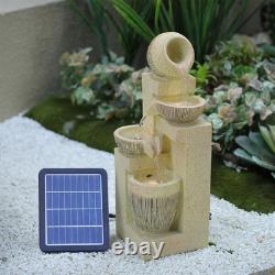 Fontaine de jardin extérieure solaire à 4 niveaux avec éclairage LED et statue en poterie