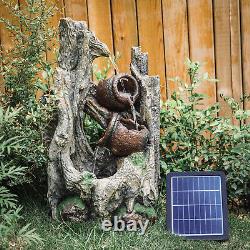 Fontaine de jardin solaire à effet bois avec éclairage LED naturel pour l'extérieur