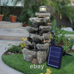 Fontaine de jardin solaire avec lumières, cascade en plein air, réservoir en baril, bol, pierres