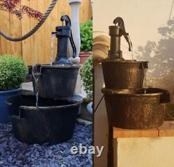 Fontaine de pompe de baril d'eau de jardin à deux niveaux pour patio extérieur en cascade ornement