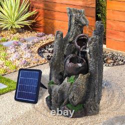 Fontaine en bois de noyer solaire pour extérieur avec éclairage LED pour jardin