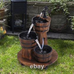 Fontaine en bois pour patio avec 3 barils et pompe pour jardin