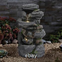 Fontaine en cascade de roche alimentée par l'énergie solaire pour jardin extérieur à LED avec pompe