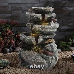 Fontaine en cascade de rocher extérieure avec éclairage solaire, statue en pierre de jardin et fontaines de caractéristiques d'eau