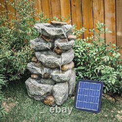 Fontaine en roche avec éclairage LED, statue de jardin en pierre, alimentée par énergie solaire, pour l'extérieur