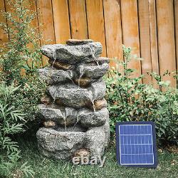 Fontaine en roche avec éclairage LED, statue de jardin en pierre, alimentée par énergie solaire, pour l'extérieur