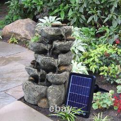 Fontaine en roche avec éclairage LED, statue de jardin en pierre, alimentée par énergie solaire, pour l'extérieur