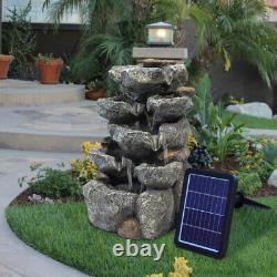 Fontaine en roche avec éclairage LED, statue de jardin en pierre, alimentée par énergie solaire, pour l'extérieur