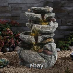 Fontaine extérieure en cascade à 4 niveaux avec éclairage LED et statues pour jardin