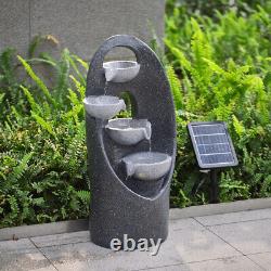 Fontaine extérieure en cascade solaire de jardin avec fonctionnalité d'eau et statue en polyrésine avec bol LED.
