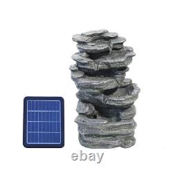 Fontaine extérieure solaire en roche avec cascades, élément d'eau de jardin, statue en polyrésine avec LED