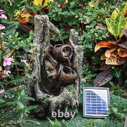 Solar Powered Garden Fake Tree Stump Cascading Bowls Water Feature Fontaines Led