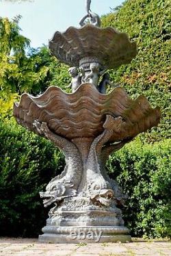 Très Grand Bronze Deux Niveaux Fontaine D'eau. Cherubs, Poissons Pan & Koi. Très Rare